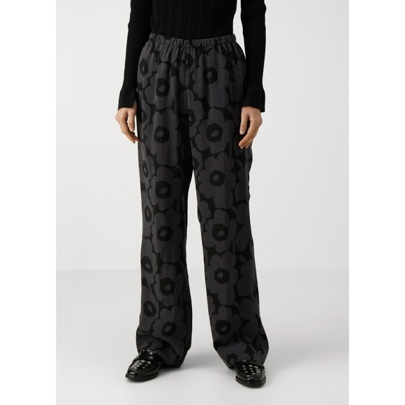 Marimekko Pants - New Marimekko Moreski Unikko Cupro Printed Wide Leg Trouser Pants Black XS